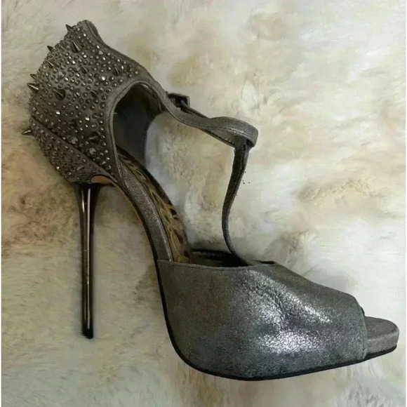 SAM EDELMAN SCARLETT SPIKE PEWTER CIPRIA LEATHER HEEL gray size: 8.5 - Picture 2 of 10